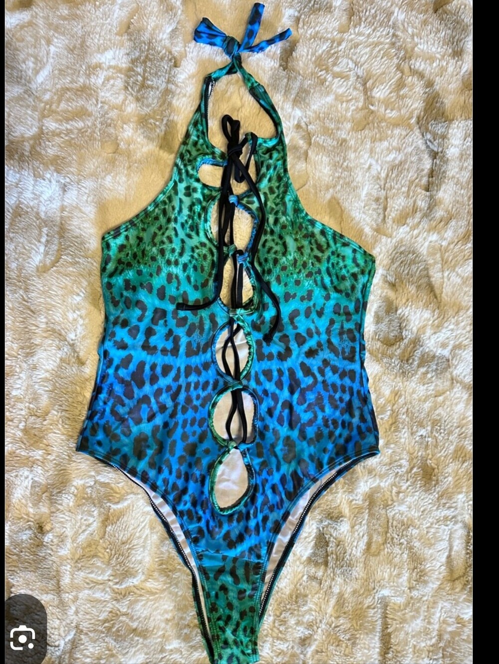 Blue-Green Leopard Print Lace-Up One-Piece Swimsuit